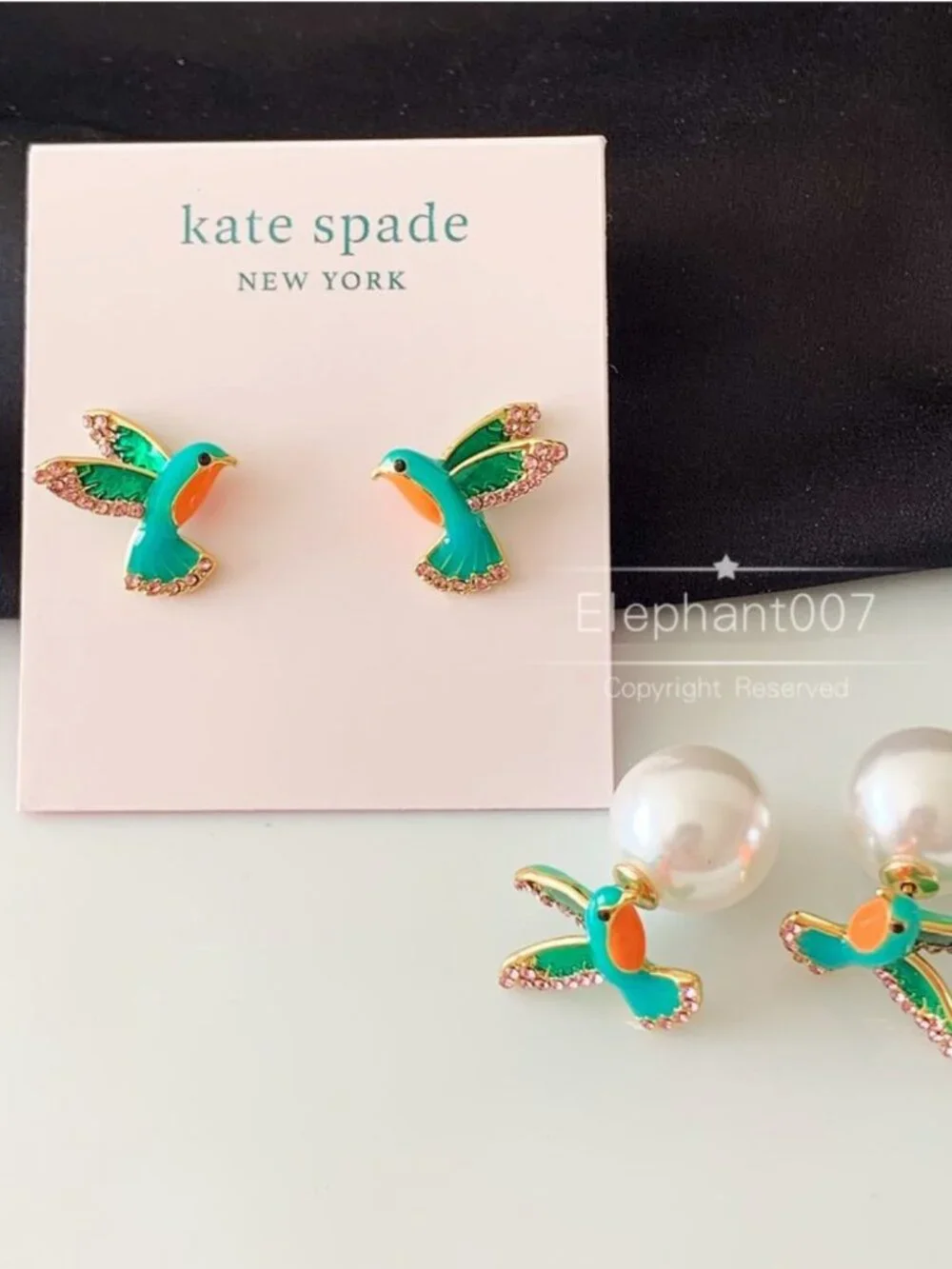 Kate Spade Hummingbird Stud Earrings Green Enamel Crystal Bird Statement Jewelry